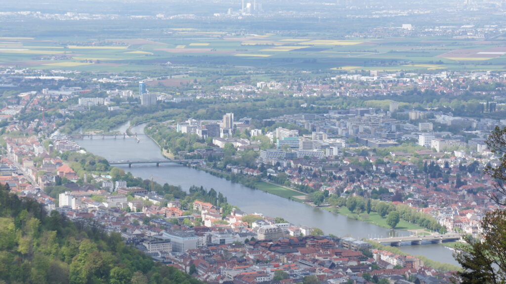 The view of the western part of Heidelberg with the Neckar River flowing towards the Rhine off in the distance